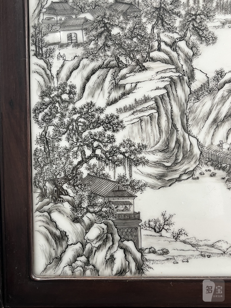 民国  墨彩刻瓷山水图插屏 - 图7